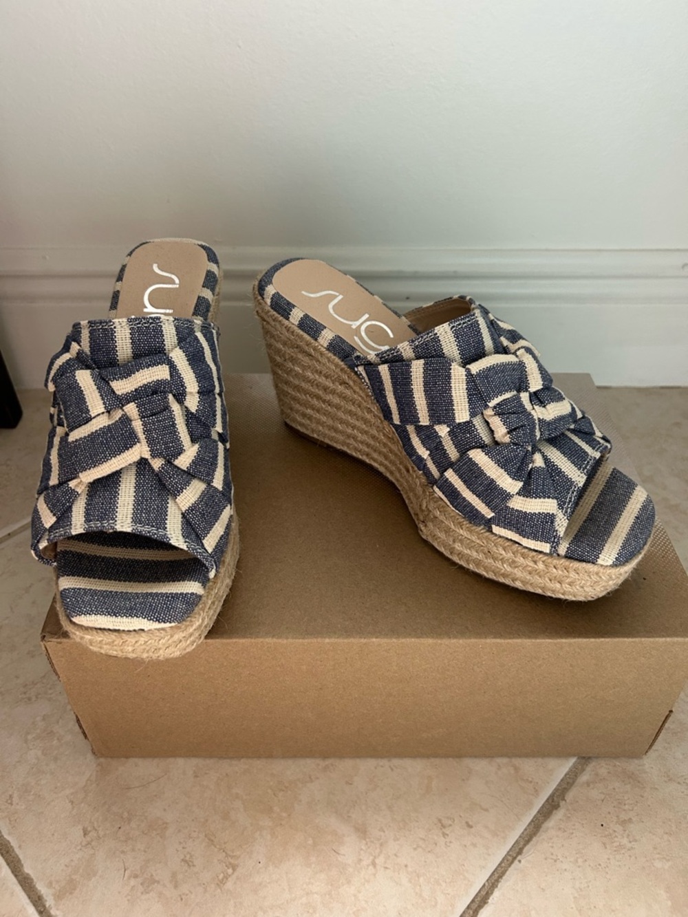 Striped Navy and Cream Wedge Sandals - Women's Espadrille Slide